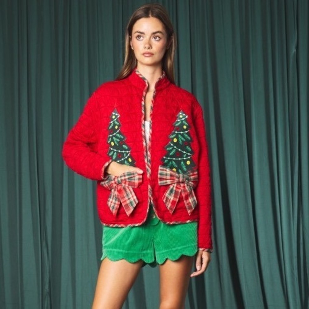 309.New Rareraw Christmas Tree Quilted Jacket Red Plaid Bow Holiday Coat Women